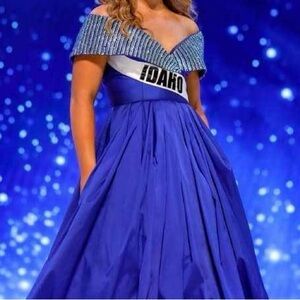 Tarik Ediz Blue Off-Shoulder Gown